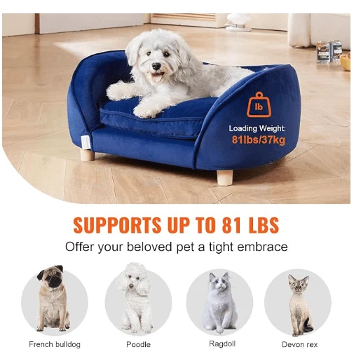 Sofá Cama de Luxo, para Cães pequenos e Gatos, estofado em veludo, Base de metal e bordas elevadas, 63,5 x 43 x 24,5 cm, Azul
