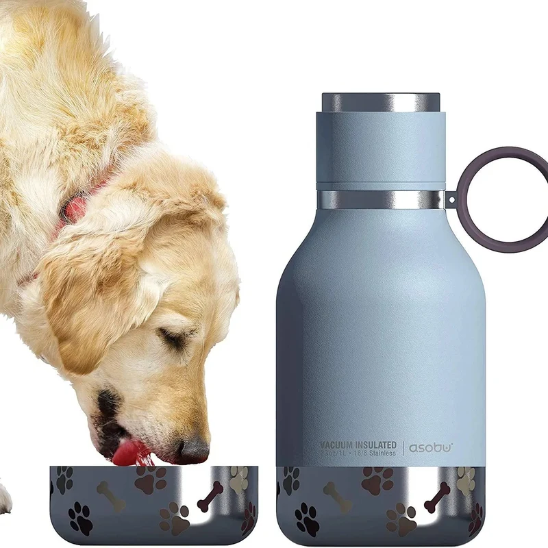 Tigela Bebedouro / Comedouro para Cão com Garrafa Isolada de Aço Inoxidável de 1 litro