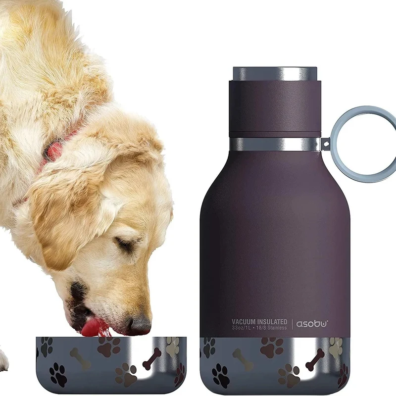 Tigela Bebedouro / Comedouro para Cão com Garrafa Isolada de Aço Inoxidável de 1 litro
