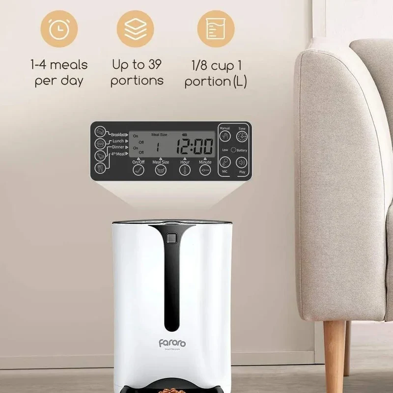 Alimentador Automático - Comedouro para Gatos ou Cães, com Temporizador, Ecrã LCD, Controlo de Porções - 7 litros - Até 4 refeições diárias
