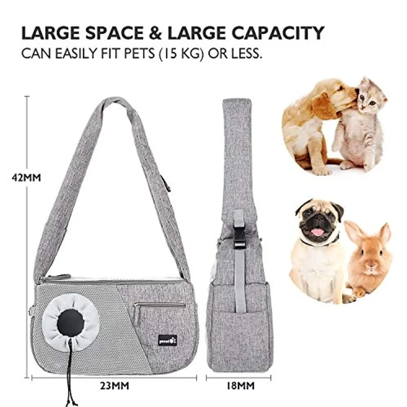 Mala / Transportadora a tiracolo pequena para cães ou gatos, com corda de segurança anti-queda (Cães ou Gatos até 6 kg) (cinzento)