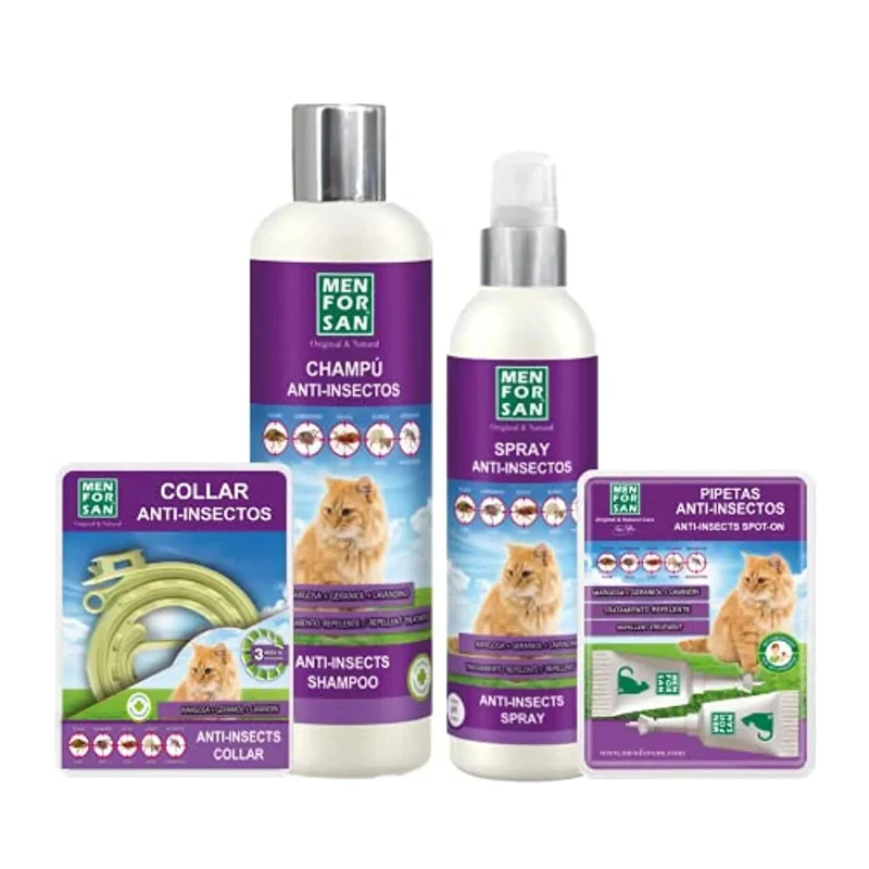 MENFORSAN Pack de 4 Produtos anti-parasitários para Gatos - 4 Produtos repelentes: Coleira, Champô, Spray e 2 Unidades de pipetas Anti Insectos