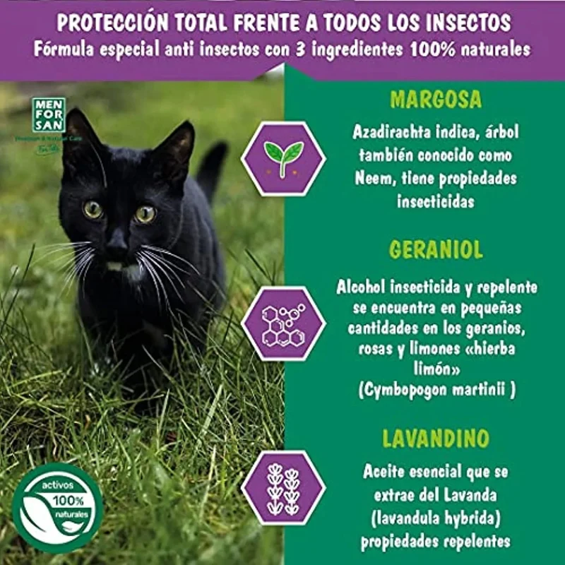 MENFORSAN Pack de 4 Produtos anti-parasitários para Gatos - 4 Produtos repelentes: Coleira, Champô, Spray e 2 Unidades de pipetas Anti Insectos
