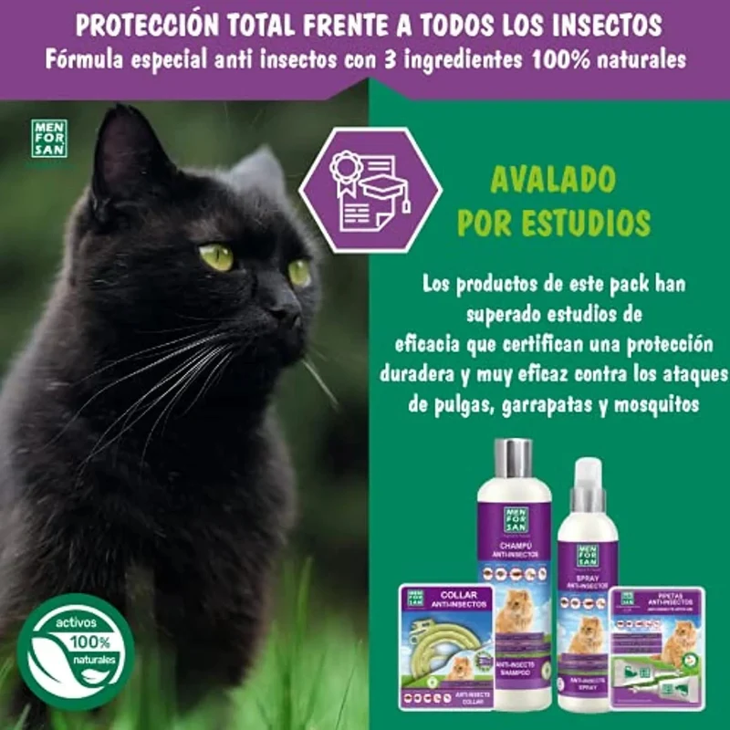 MENFORSAN Pack de 4 Produtos anti-parasitários para Gatos - 4 Produtos repelentes: Coleira, Champô, Spray e 2 Unidades de pipetas Anti Insectos