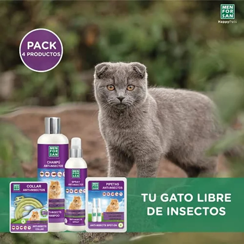 MENFORSAN Pack de 4 Produtos anti-parasitários para Gatos - 4 Produtos repelentes: Coleira, Champô, Spray e 2 Unidades de pipetas Anti Insectos
