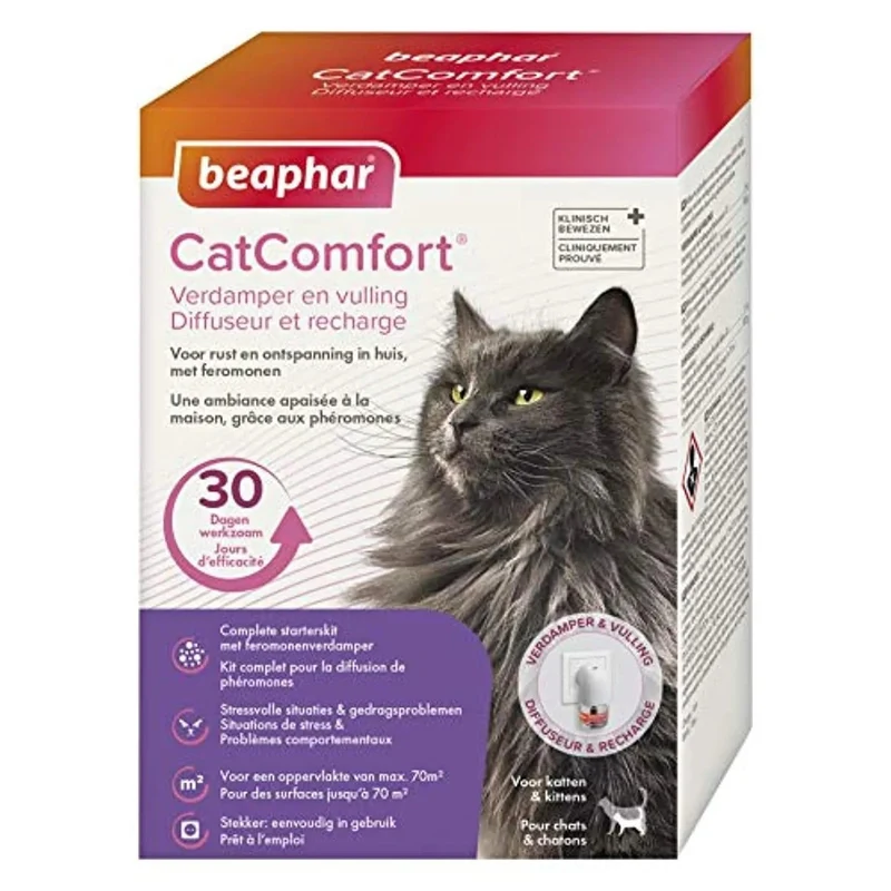 Beaphar – Catcomfort – Difusor eléctrico de feromonas para Gatos – Reduz o stress sem dependência nem sonolência – 1 Difusor e 1 Recarga de 48 ml