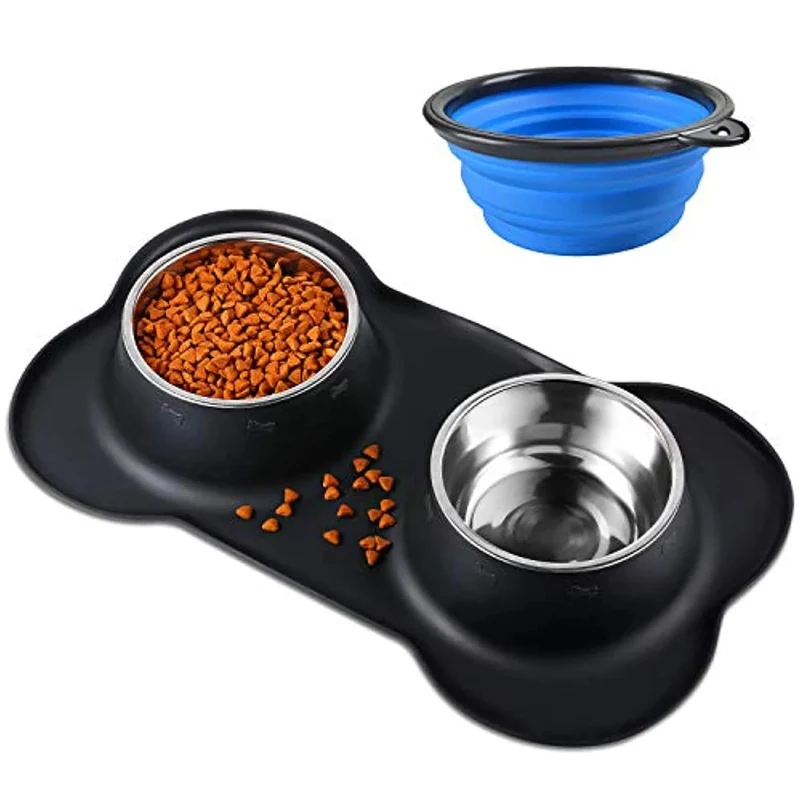 Comedouro + Bebedouro (2x400 ml) para Cães e Gatos em Aço Inoxidável com Base Antideslizante de Silicone - Oferta de Comedouro / Bebedouro Portátil