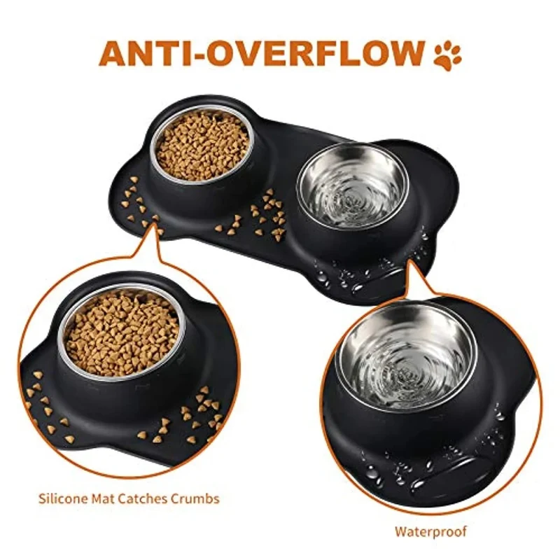 Comedouro + Bebedouro (2x400 ml) para Cães e Gatos em Aço Inoxidável com Base Antideslizante de Silicone - Oferta de Comedouro / Bebedouro Portátil