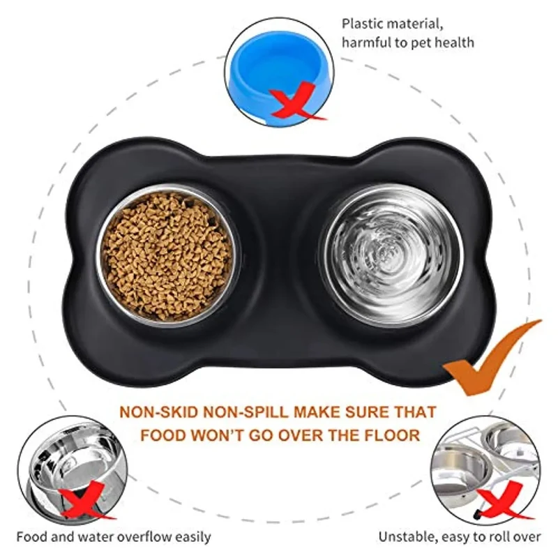 Comedouro + Bebedouro (2x400 ml) para Cães e Gatos em Aço Inoxidável com Base Antideslizante de Silicone - Oferta de Comedouro / Bebedouro Portátil