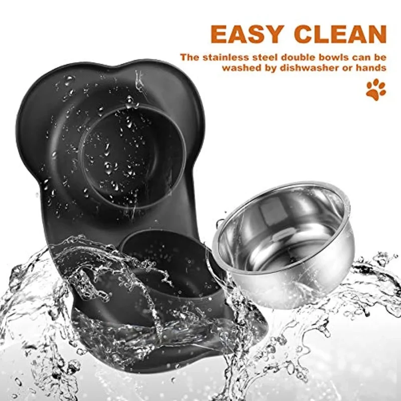 Comedouro + Bebedouro (2x400 ml) para Cães e Gatos em Aço Inoxidável com Base Antideslizante de Silicone - Oferta de Comedouro / Bebedouro Portátil
