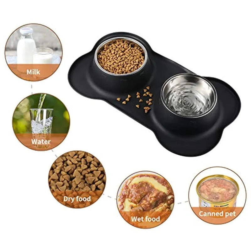 Comedouro + Bebedouro (2x400 ml) para Cães e Gatos em Aço Inoxidável com Base Antideslizante de Silicone - Oferta de Comedouro / Bebedouro Portátil