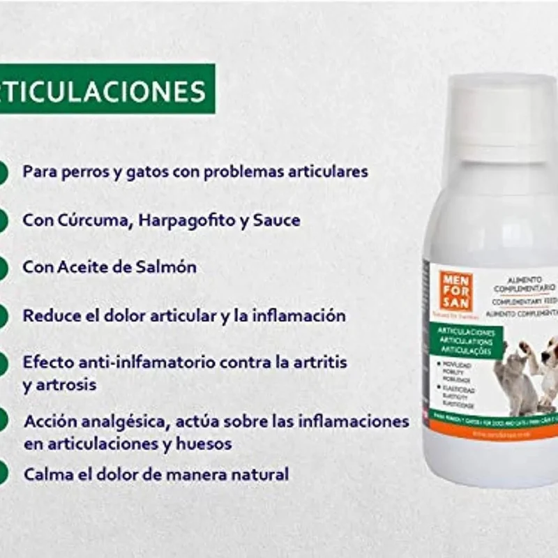 Alimento complementar líquido para cães e gatos para as articulações | MENFORSAN | Suplemento que melhora problemas e infeções articulares (120 ml)