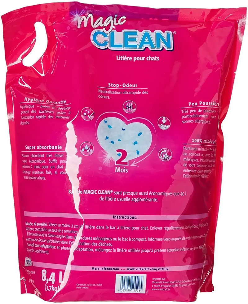 Sílica Gel em Grão para WC / Liteiras de Gatos (Vitakraft Magic Clean 8,4 L, 3700 gr ou 5 L, 2200 gr)