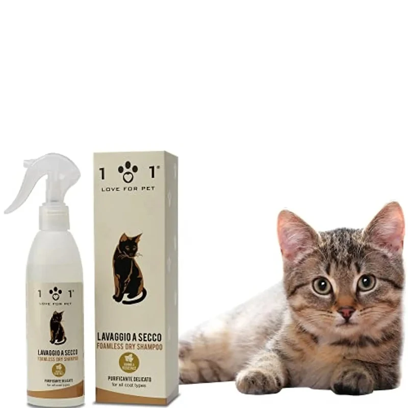 Champô a Seco Natural para Gato, 250 ml - Sem Necessidade de Água - Para uma Lavagem a Seco Eficaz