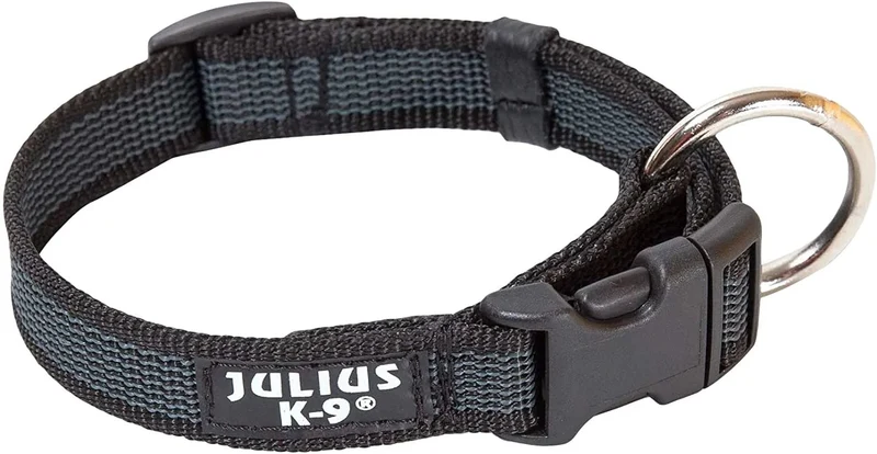 Coleira Julius-K9 - Cinza e Côr com pega, fecho de segurança e patch intermutável