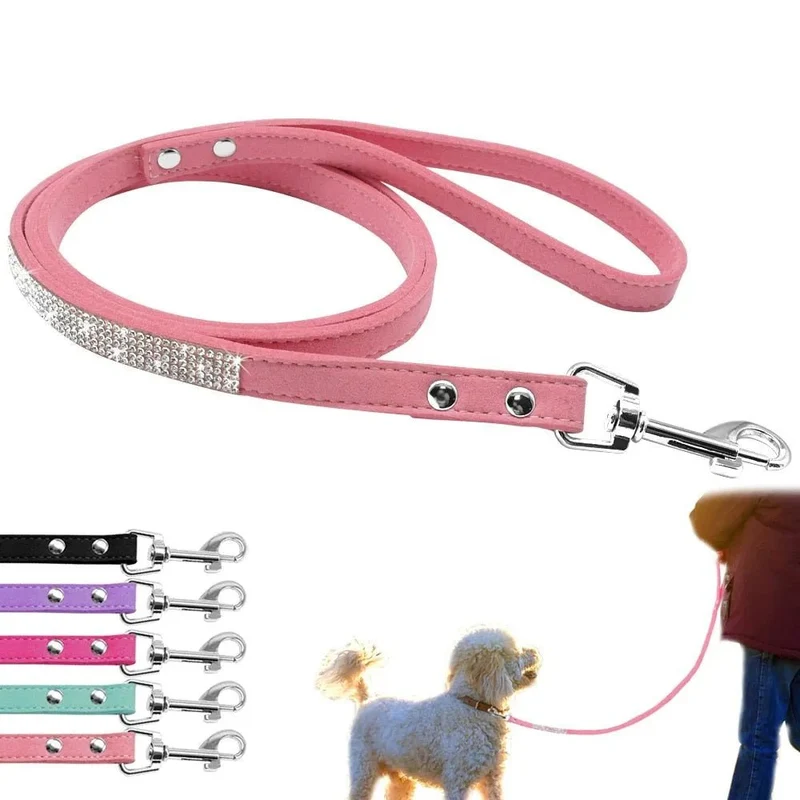 Coleira e Trela, em Cabedal, com Cristais, para Gatos ou Cães de Raças Pequenas
