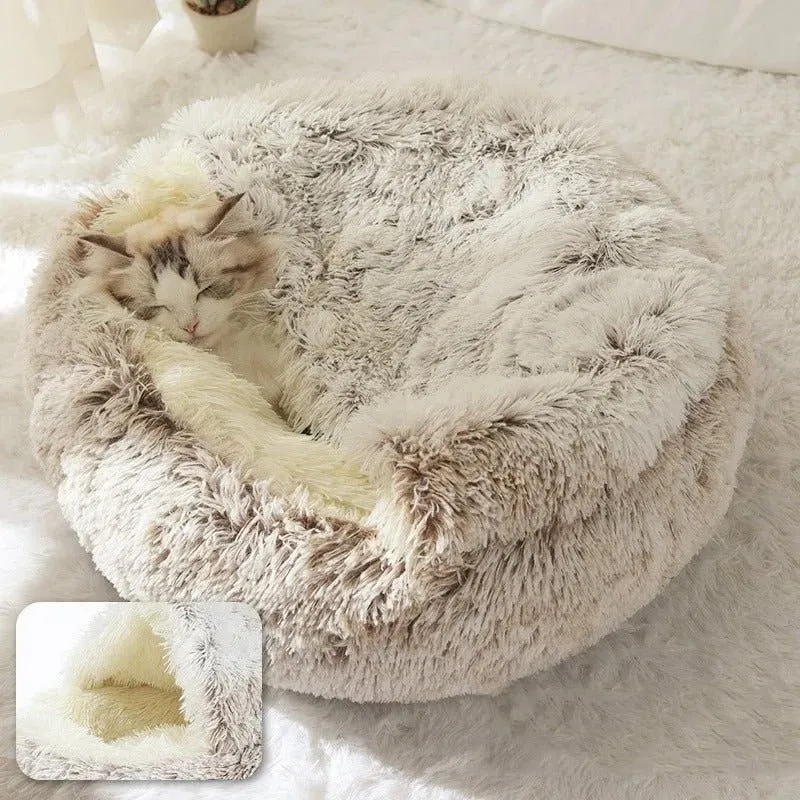 Cama Redonda com Cobertura, Super-Macia, Quentinha, Calmante e Envolvente, para Gatos ou Cães de Raças Pequenas