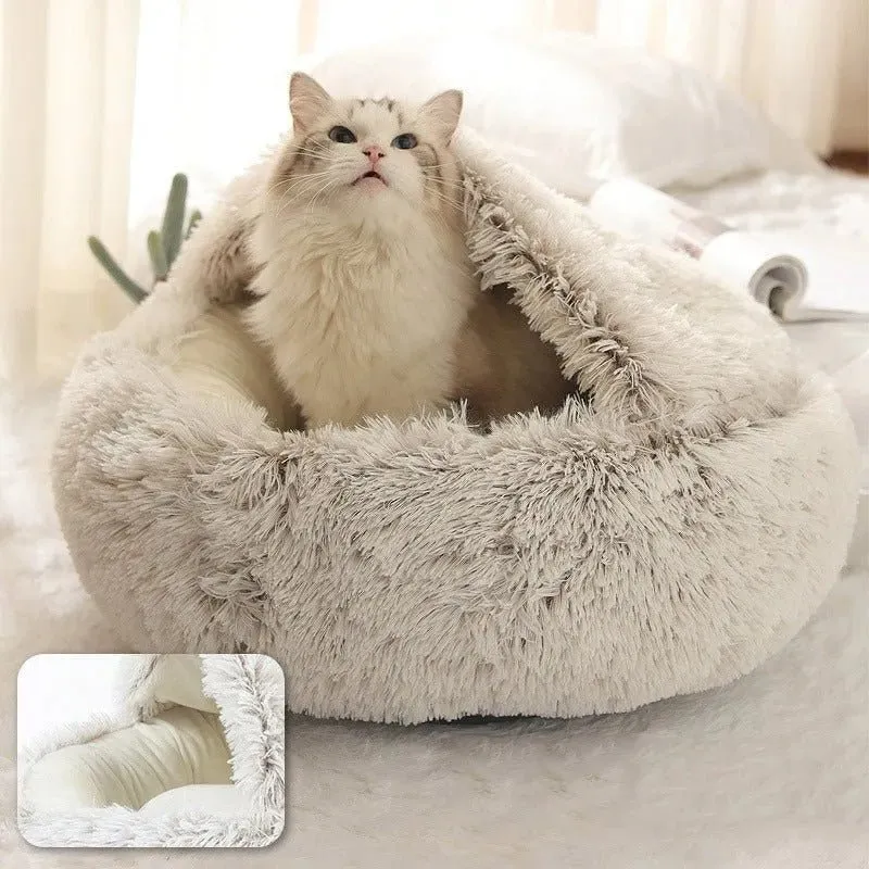 Cama Redonda com Cobertura, Super-Macia, Quentinha, Calmante e Envolvente, para Gatos ou Cães de Raças Pequenas