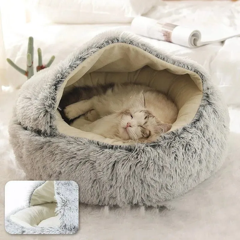 Cama Redonda com Cobertura, Super-Macia, Quentinha, Calmante e Envolvente, para Gatos ou Cães de Raças Pequenas