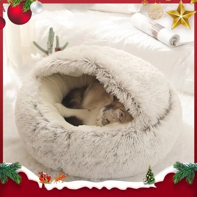 Cama Redonda com Cobertura, Super-Macia, Quentinha, Calmante e Envolvente, para Gatos ou Cães de Raças Pequenas