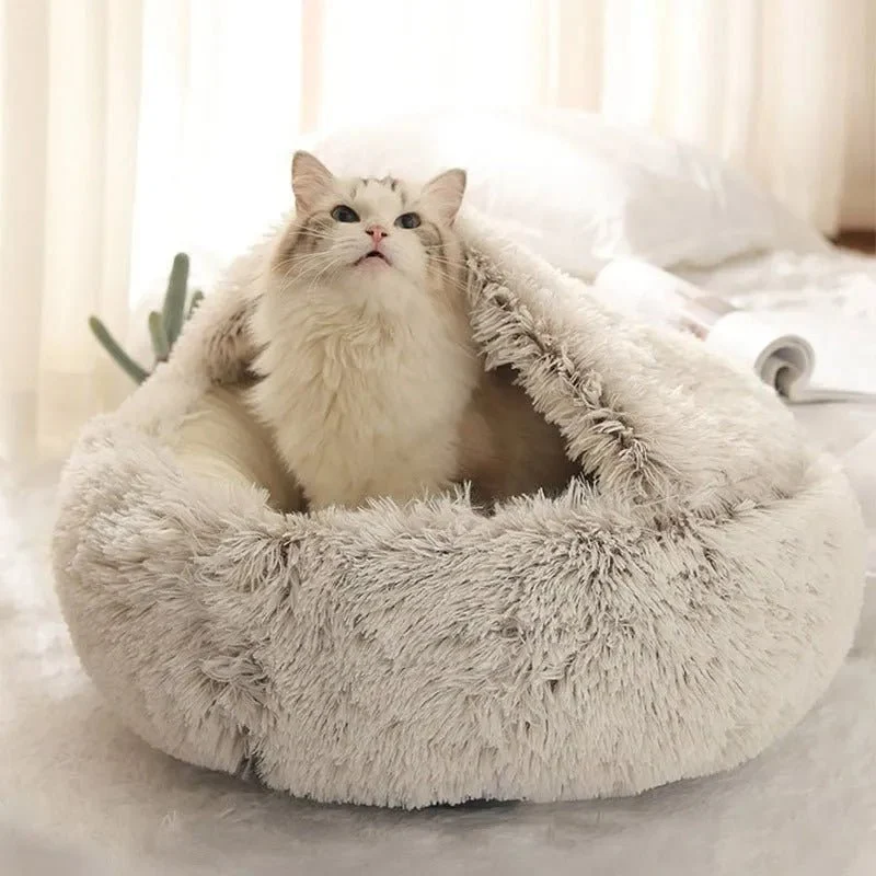 Cama Redonda com Cobertura, Super-Macia, Quentinha, Calmante e Envolvente, para Gatos ou Cães de Raças Pequenas