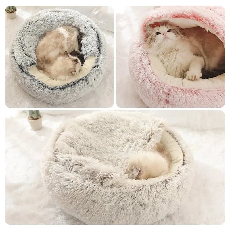 Cama Redonda com Cobertura, Super-Macia, Quentinha, Calmante e Envolvente, para Gatos ou Cães de Raças Pequenas