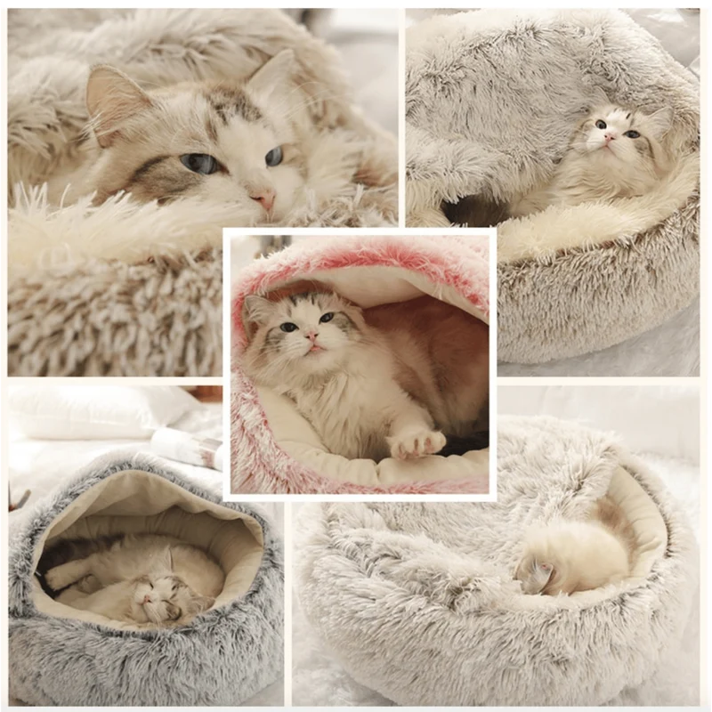 Cama Redonda com Cobertura, Super-Macia, Quentinha, Calmante e Envolvente, para Gatos ou Cães de Raças Pequenas