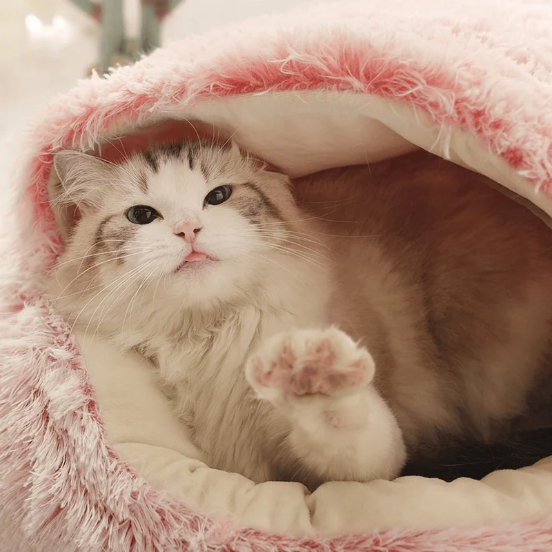 Cama Redonda com Cobertura, Super-Macia, Quentinha, Calmante e Envolvente, para Gatos ou Cães de Raças Pequenas
