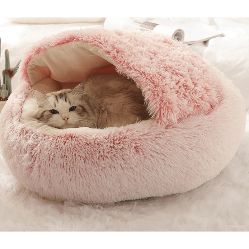 Cama Redonda com Cobertura, Super-Macia, Quentinha, Calmante e Envolvente, para Gatos ou Cães de Raças Pequenas