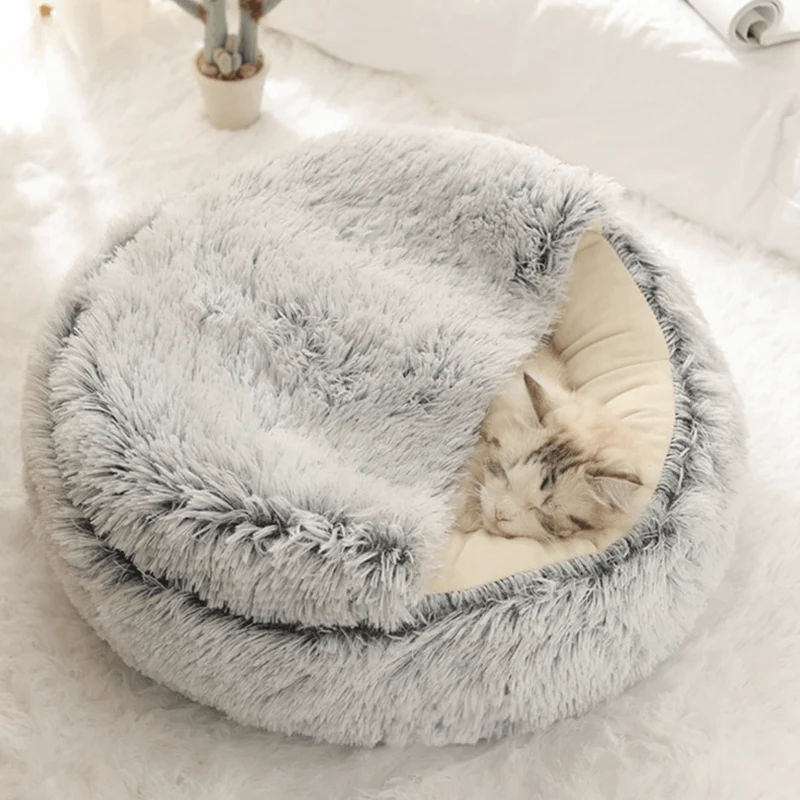 Cama Redonda com Cobertura, Super-Macia, Quentinha, Calmante e Envolvente, para Gatos ou Cães de Raças Pequenas