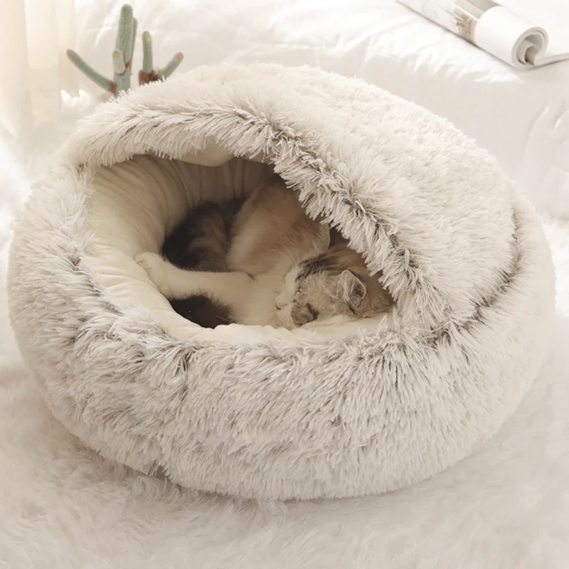 Cama Redonda com Cobertura, Super-Macia, Quentinha, Calmante e Envolvente, para Gatos ou Cães de Raças Pequenas