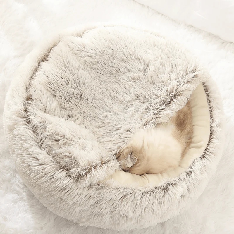 Cama Redonda com Cobertura, Super-Macia, Quentinha, Calmante e Envolvente, para Gatos ou Cães de Raças Pequenas