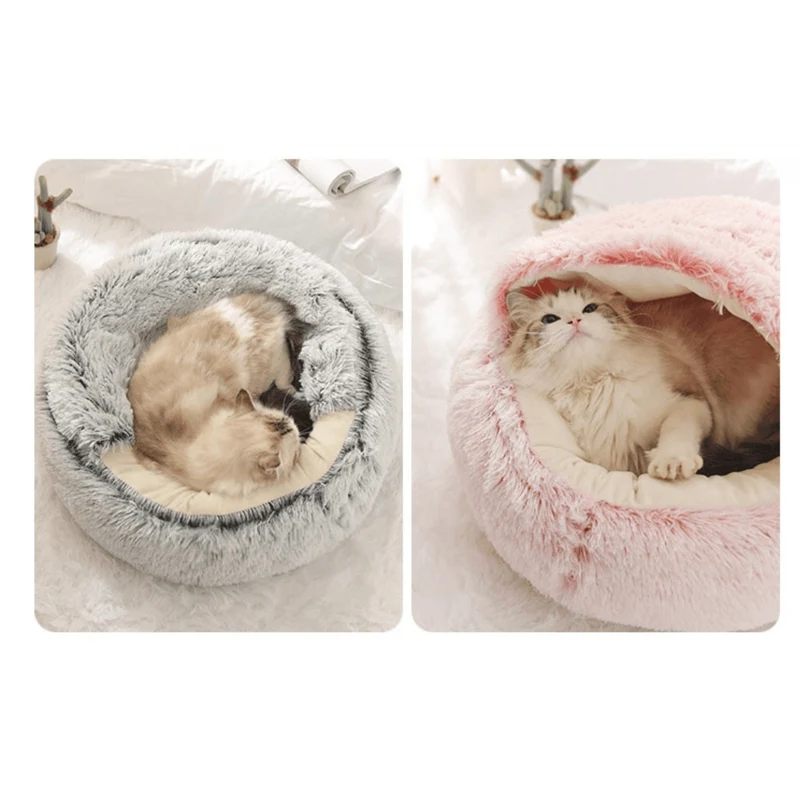 Cama Redonda com Cobertura, Super-Macia, Quentinha, Calmante e Envolvente, para Gatos ou Cães de Raças Pequenas