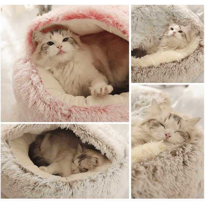 Cama Redonda com Cobertura, Super-Macia, Quentinha, Calmante e Envolvente, para Gatos ou Cães de Raças Pequenas