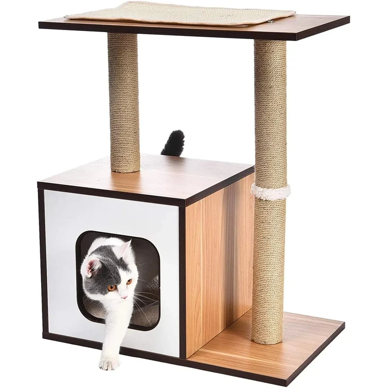 Poste/torre "árvore" de madeira com um ou dois postes arranhadores e toca para gatos, 61x38,1x73,7 cm