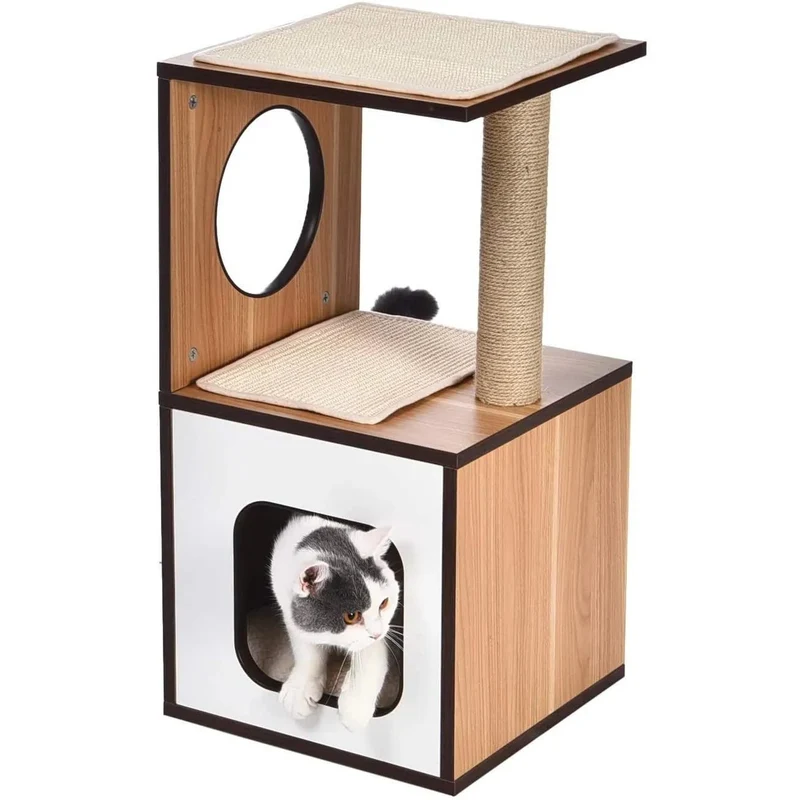 Poste/torre "árvore" de madeira com um ou dois postes arranhadores e toca para gatos, 61x38,1x73,7 cm